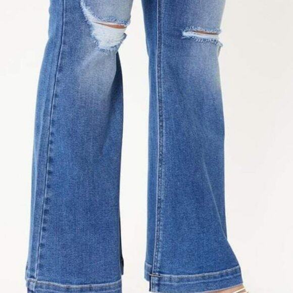 Kancan Flirting With A Stranger Plus Size Denim Distressed Flare Button Jeans - Picture 11 of 16
